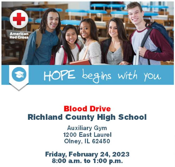 RCHS Blood Drive in Aux Gym on Friday, February 24 from 8 a.m. to 1 p.m.
