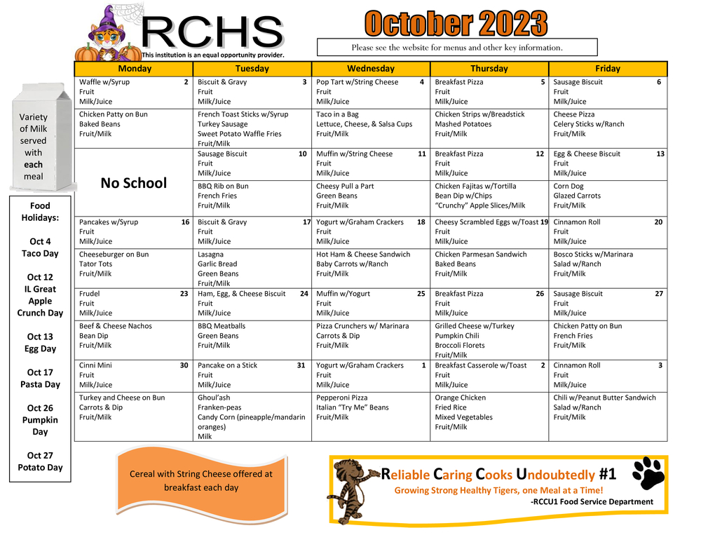 RCHS Oct 2023 Menu