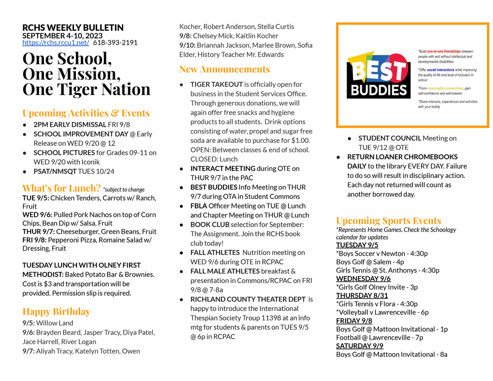 RCHS Weekly Bulletin for 9/4-9/10