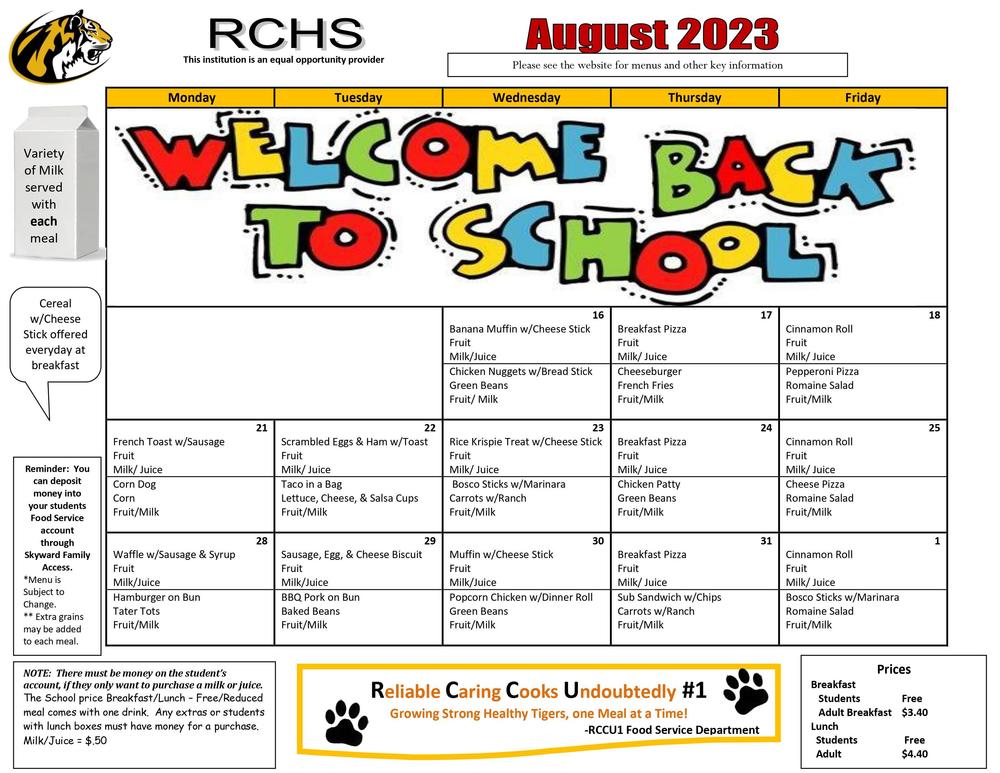 RCHS Aug 2023 Menu