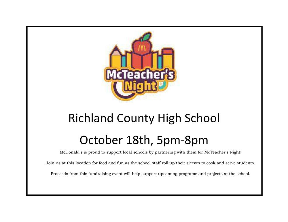 RCHS McTeacher's Night October 18 5-8pm