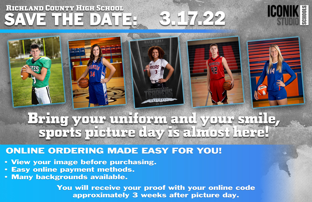 RCHS Save the Date for Iconik Sports Pictures on 3/17/22. Bring your uniform and your smile, sports picture day is almost here! Online order to view your image before purchasing, access online payment methods and choose between many different backgrounds. You will receive a proof with your online code approximately three weeks after your picture date.