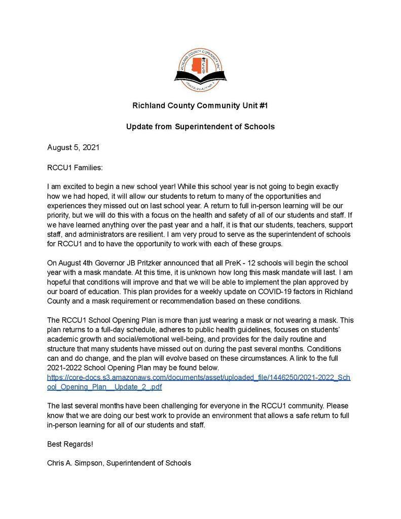 Back to School Letter 2021-2022