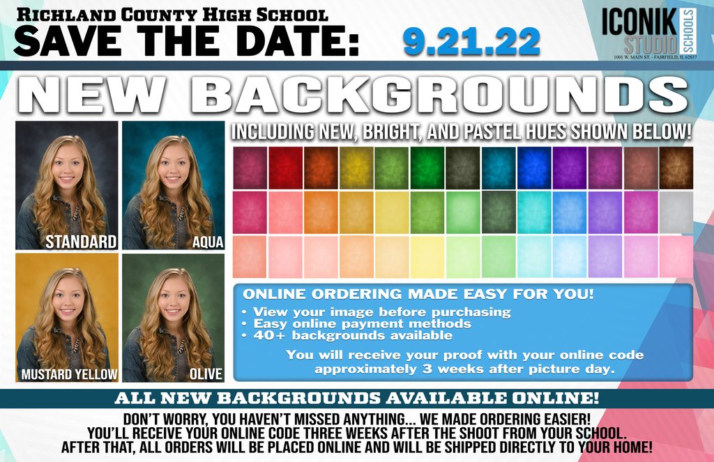 RCHS Save the Date 9-21-22 for Iconik School for Photos. New backgrounds available including new, bright and pastel hues shown below. Online ordering made easy for you. View your image before purchasing. Don't worry, you haven't missed anything...we made ordering easier!