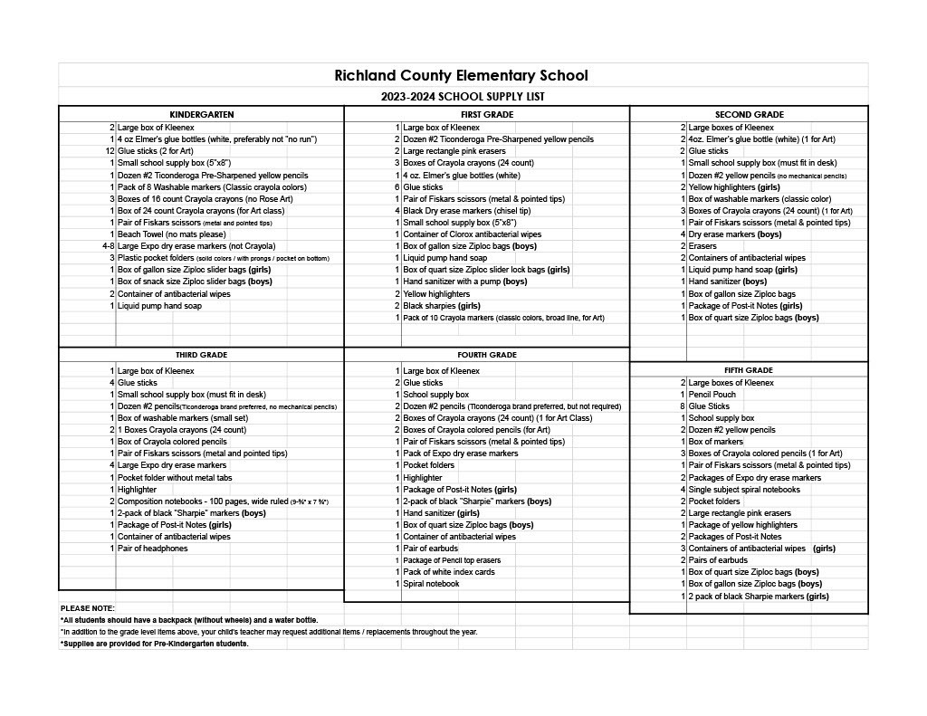RCES 2023-2024 School Supply List